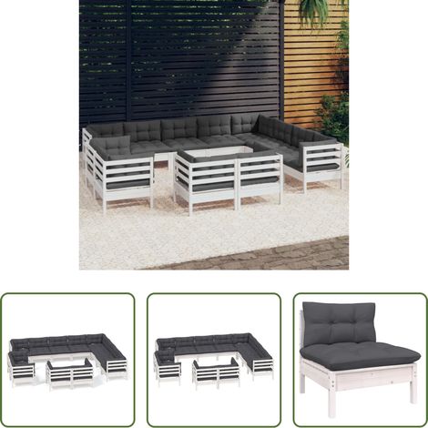 Terrassensofa -  12-tlg. Garten-Lounge-Set mit Kissen Weiß Massivholz Kiefer (1/5)