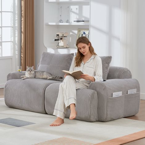 Canapé modulaire velours côtelé 2 personnes emballé sous vide combinable librement portegobelet sac rangement latéral salon familial gris (1/5)