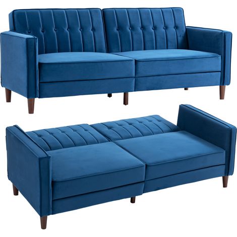 Three-Seater Sofa Bed, Velvet-Feel, 189 x 80.5 x 78.5 cm, Blue (1/5)