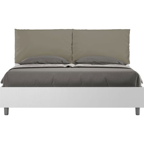 Letto Matrimoniale 160x200 cm con Rete e Contenitore Struttura Bianco Frassico con Cuscini in Similpelle Egos Antea Cappuccino (1/4)