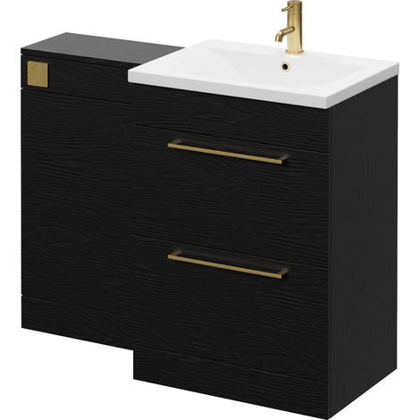 Napoli 460 Nero Oak 1100mm 2 Drawer Vanity Unit Toilet Suite with Glide Basin - 1100mm - Brushed Brass 320mm HandleWithout Kingston Toilet Pan