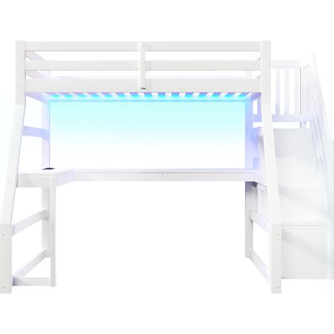 Cama alta 90x200 de madera blanca con escritorio y escalera con almacenaje (1/5)