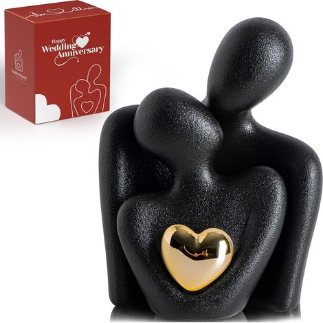 1 Statue Couple Enlaçant, Céramique Blanche, Cœur Doré, Décoration Salon, Meuble TV, Chambre (1/5)