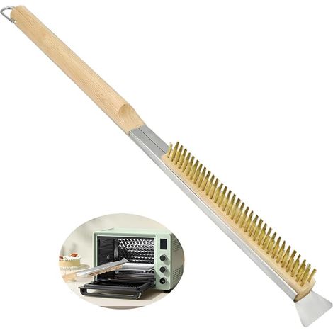 Pizza Oven Brush 52 cm with Scraper Stainless Steel Brass Bristles, Stone Pizza Accessories Outdoor Wooden Handle Rubber, Refractory Hand Eliminate Soot for Grill, Barbecue, Smoker, Cleaning (1/5)