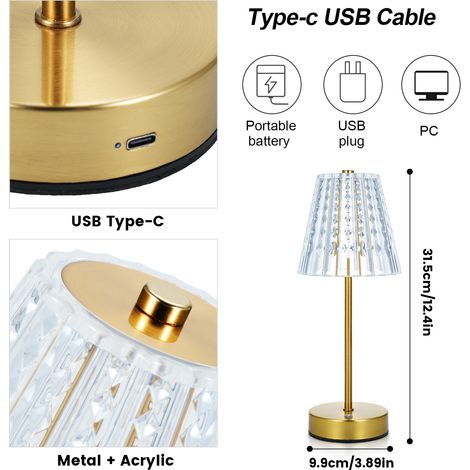 Lampe de table en cristal vintage à intensité variable, bureau sans fil, contrôle tactile, 3 couleurs de lumière, type C, rechargeable pour chambre à coucher, bar, restaurant, café (1/5)