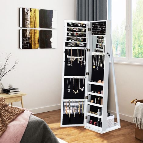 COSTWAY Schmuckschrank abschliessbar, Schmuckregal mit Ganzkoerperspiegel und kleinem Schminkspiegel, Schmuck Spiegelschrank 91 Plaetze fuer Ringe, 30 Kettenhaken, 100 Plaetze fuer Ohrringe, weiss (1/5)