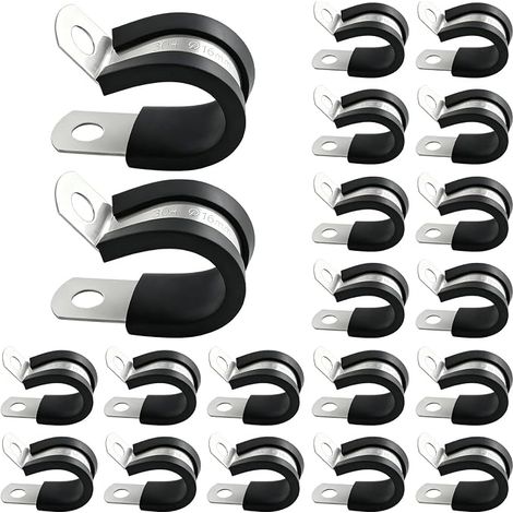 Collier de Serrage en Acier Inoxydable 25mm Collier de Fixation de Tubes avec Insert en Caoutchouc P-Clips Câble 2 Trous Fixation pour Tuyaux et Câbles 16mm (1/5)