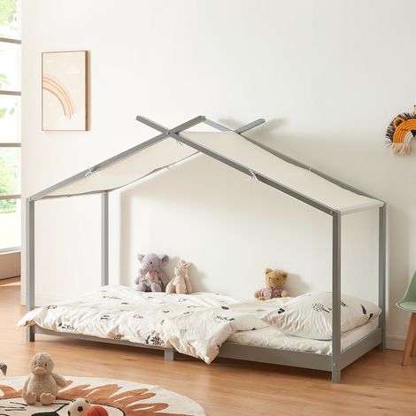 Cama para niños Brome Forma casita con techo pino 90 x 200 cm - Gris y Blanco [en.casa]