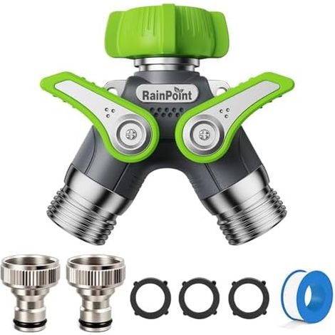 Robinet Double 3/4", Corps 100% métal Distributeur 2 Voies avec Interrupteur indépendant et Adaptateur 3/4" 1/2", débit d'eau réglable verrouillable, pour Machine à Laver, Jardins Green/2 way - (1/5)