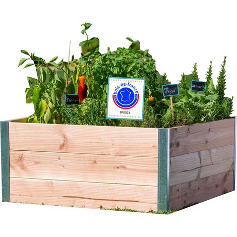 Potager sur pied en bois douglas naturel – Dimensions L80 x l75 x H36 cm – Fabrication française – Angles en aluminium recyclable – Mon Petit Potager (1/3)