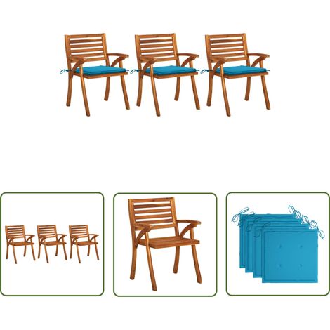 The Living Store Chaises à manger de jardin avec coussins lot de 3 Acacia massif - Chaise De Jardin - Fauteuil De Jardin - Mobilier De Jardin - Acacia Massif - Chaise En Bois (1/5)