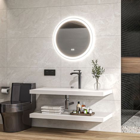 Runder, LED-beleuchteter Badezimmerspiegel Ø 80 cm zur Wandmontage mit 3-farbiger Beleuchtung, Touch-Schalter, 46 W, weiß/silber