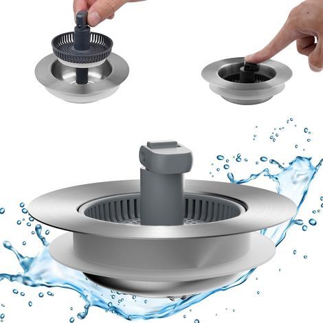 Ensemble 3 en 1 amélioré de crépine et de bouchon pour éviers de cuisine, bouchon d'évier escamotable en acier inoxydable, crépine anti-obstruction avec poignée pliable, compatible avec les canalisati (1/4)