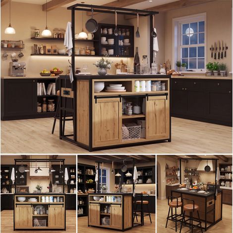 Îlot de cuisine avec 2 tabourets 107x62x183 cm Buffet avec prises USB-rangements-portes coulissantes-MDF et Métal-Noir et Bois (1/5)