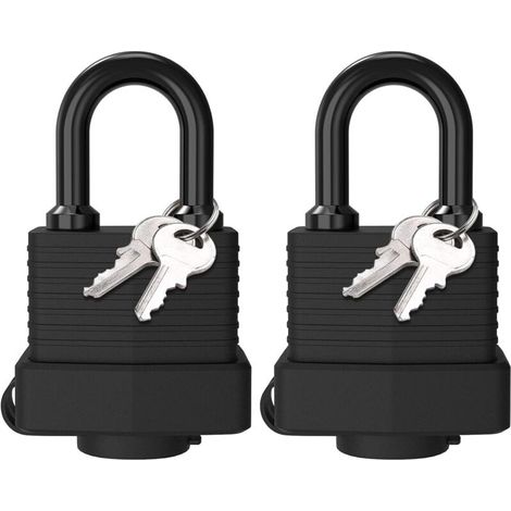 Set di 2 lucchetti in ottone impermeabili, lucchetti per esterni in acciaio laminato resistenti alle intemperie, 4 chiavi, per armadietti, palestre, garage, recinzioni, neri (1/4)
