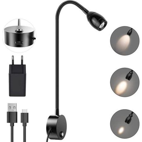 Lampe de lecture murale, lampe de chevet LED, interrupteur tactile, focalisable, 3 W (1/5)