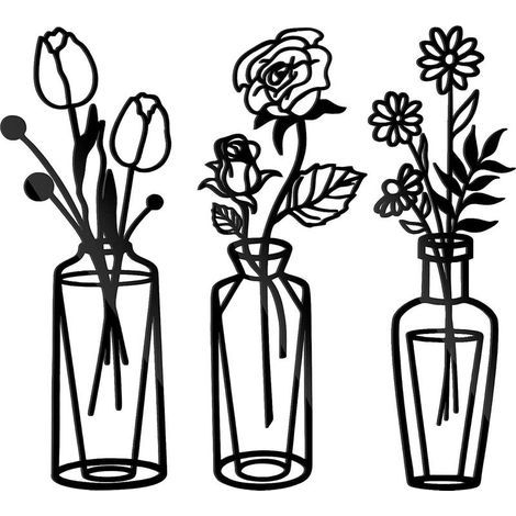 Décoration Murale en Métal Fleur 3 Pièces Sculpture Murale Metal Noir Art Mural en Métal Minimaliste Décoration Murale en Fil de Fer, Thème Naturel Décoration Murale pour l'extérieur et l'intéri (1/3)