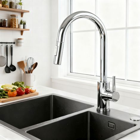 Océan Robinet de cuisine avec douchette 2 modes débit eau extractible mitigeur 360° rotatif évier cuisine monocommande acier inoxydable finition chromé