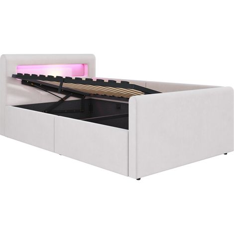Letto per bambini imbottito 90 x 200 cm in velluto beige con LED, USB e contenitore idraulico (1/5)