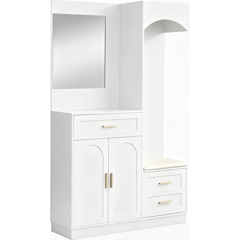 Armoire d’entrée moderne et compacte, combinaison penderie et meuble à chaussures, meuble de rangement multifonction avec miroir (1/5)