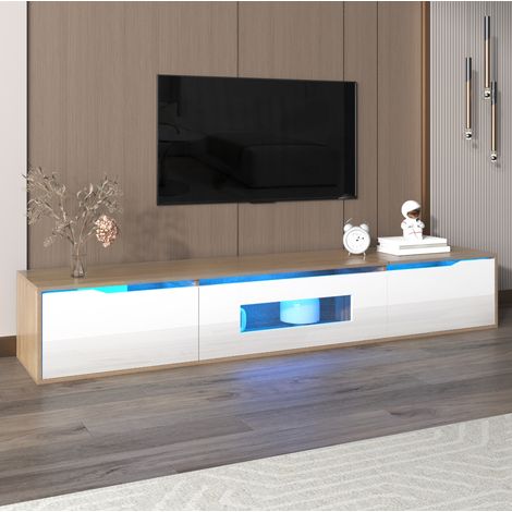 Mueble TV blanco brillo con LED y madera HAVRYA (1/5)
