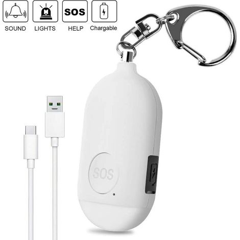 Alarme personnelle 130 dB USB rechargeable avec lampe de poche LED Fonction étanche Auto-défense pour la sécurité personnelle des femmes, enfants, seniors, blanc (1/4)