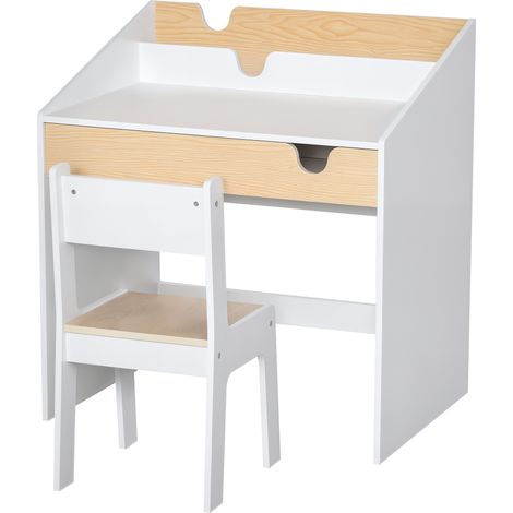 Ensemble bureau et chaise pour enfant avec tiroir et étagère. Bords arrondis. 6-10 ans. Blanc et bois.