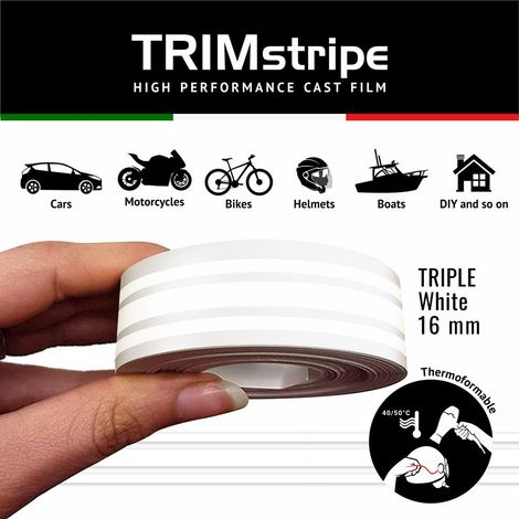 Trim Stripe Strisce Adesive per Auto, 3 Fili, Bianco - Dimensione: 16 MM X 10 MT