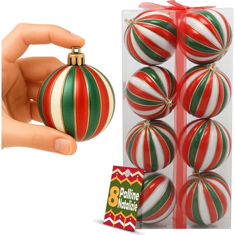 Box 8 Palline di Natale per Albero Sfere Natalizie Bianco Rosso e Verde da 10cm (1/5)