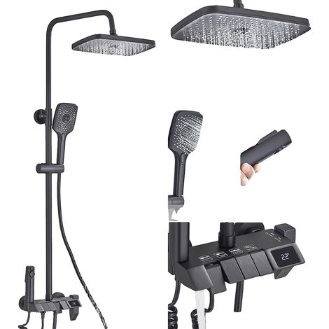 Conjunto de ducha digital, altura ajustable, fácil instalación, pantalla LCD negra. (1/2)