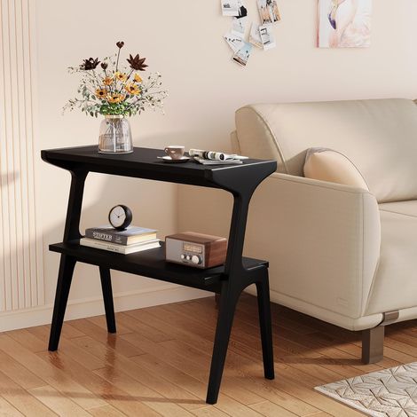 Tribesigns Solid Wood End Table, 2-Tier Side Table with Storage Shelf, Wooden Modern Accent Slim Bedside Table for Sofa, Living Room, Bedroom, Small Space, Easy Assembly, Black