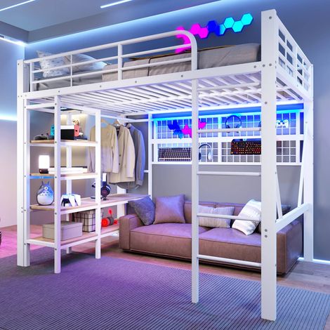 Lit mezzanine 140 x 200 cm métal blanc avec étagère, filet rangement, penderie et bande led (1/5)