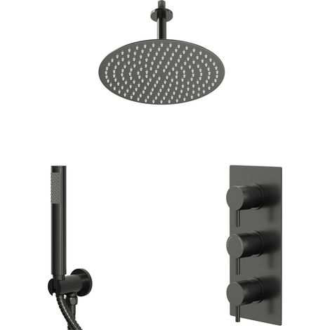 Colore Round Gunmetal Grey Concealed Triple Thermostatic Shower Valve and 300mm Fixed Head with 150mm Ceiling Arm and Outlet Holder with Kit - 2 Outlet (1/5)