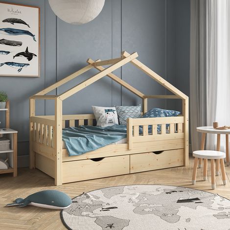 Letto montessori bambini Design, Legno, 80x160 cm con 2 cassetti e materasso, Vitalispa