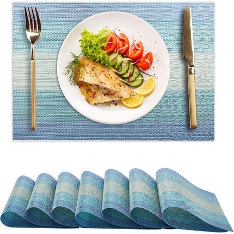 Ein Set aus 6 rutschfesten, abwaschbaren Platzsets aus PVC, beständig gegen Kratzer, Hitze und Flecken.