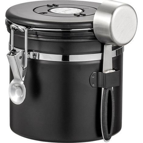 Kaffeebehälter aus Edelstahl – luftdichter Kaffeebehälter zur Aufbewahrung von Kaffeebohnen, 1200 ml Fassungsvermögen mit Messlöffel und Datumsrad, schwarz (1/5)