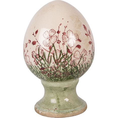 Décoration œuf sur pied céramique beige vert 9x9x14cm