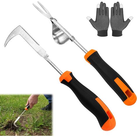 Désherbeur manuel en acier inoxydable avec gants Désherbeur manuel avec poignée - Désherbeur avec bord dentelé - Pour creuser et désherber