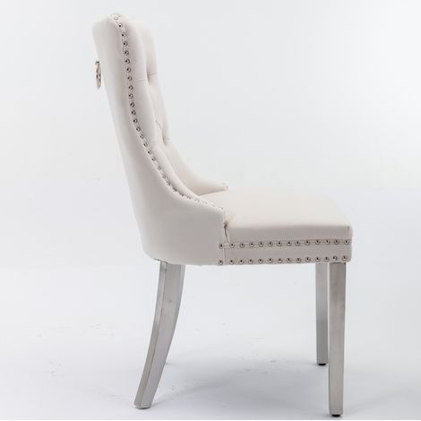 Chaise de salle à manger en bois massif et velours beige avec dossier haut et pieds en acier inoxydable chromé, lot de 2 (1/5)