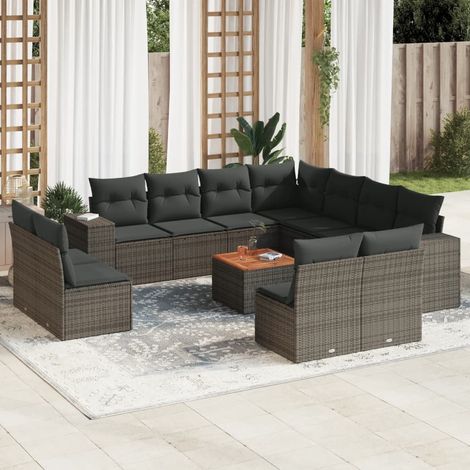 Ensemble de jardin modulaire 12 places gris résine tressée avec rangement et table en acacia Canapés d'extérieur avec coussins 12 pcs (1/3)