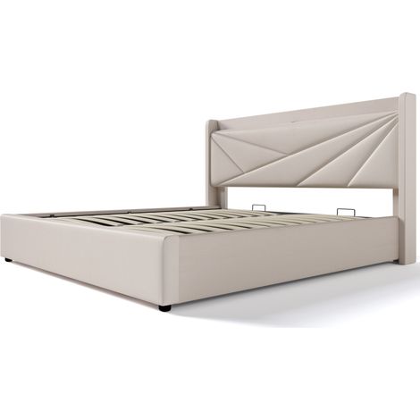 Stauraumbett 160x200 cm Beige Leinen mit USB-C und Lattenrost MODENUIT (1/5)