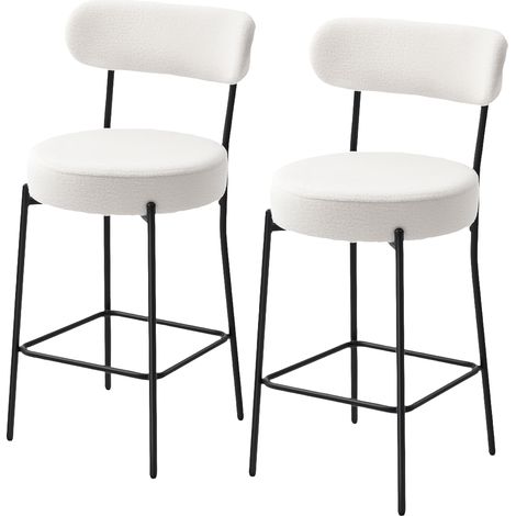 Tabourets de bar tissu bouclette crème lot 2, dossier courbé repose-pieds 49x52x95cm