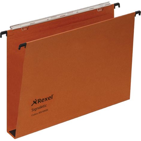 Rexel Signaletic Carpetas Colgantes para Cajón Fondo U 3 cm Distancia entre Ejes 39 cm Naranja Formato A4+ 220 gr Paquete de 25 unidades