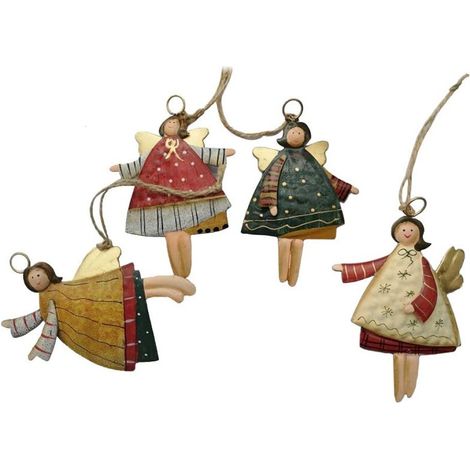 Pendentif ange de Noël - 4 pendentifs anges en métal, bijoux de Noël à suspendre, chaussettes en forme d'élan et flocons de neige pour décorer le sapin et les fenêtres. (1/5)