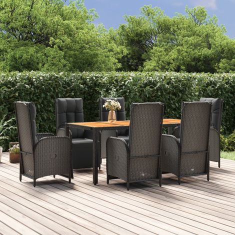 7-tlg. Garten-Essgruppe mit Kissen Schwarz Poly Rattan