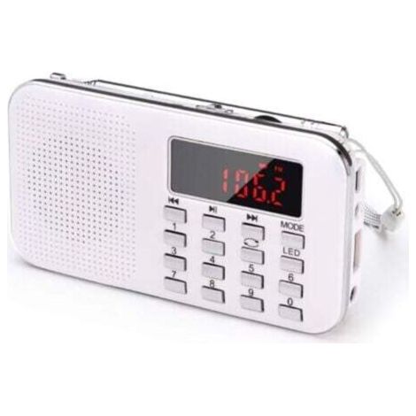 Radio portable FM/AM avec lecteur MP3, haut-parleur intégré, lampe torche et lecture carte TF/USB – Blanc