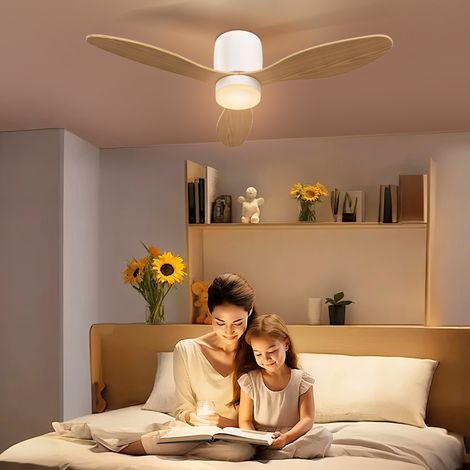 Ventilateur de plafond avec éclairage et télécommande, 115 cm, lampe LED, moteur CC réversible, finition naturelle (1/5)