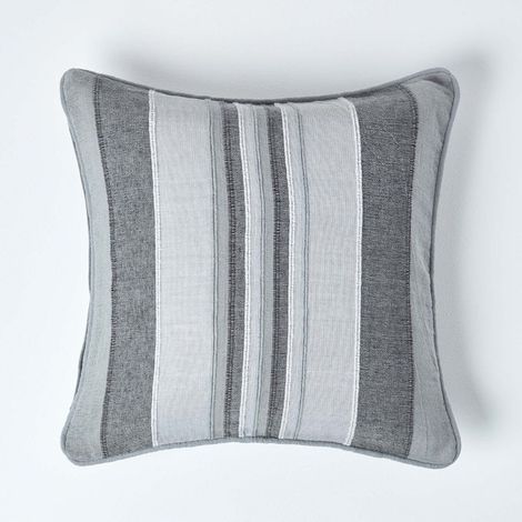 HOMESCAPES Cotton Striped Grey Cushion Cover Morocco, 45 x 45 cm (1/5)
