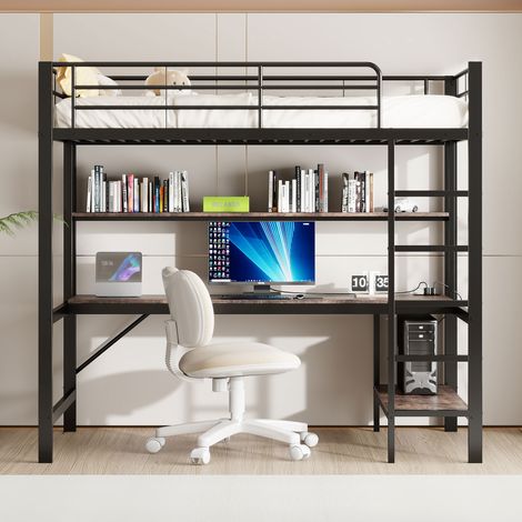 Lit mezzanine 90x200 avec garde-corps et échelle - métal et mdf - prises usb - lumière télécommandée - noir (1/5)