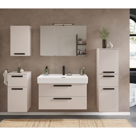 Badmöbel Komplett Set in Beige, Waschtisch 100 cm mit Spiegelschrank mit Beleuchtung - ATELLA-03 (1/5)